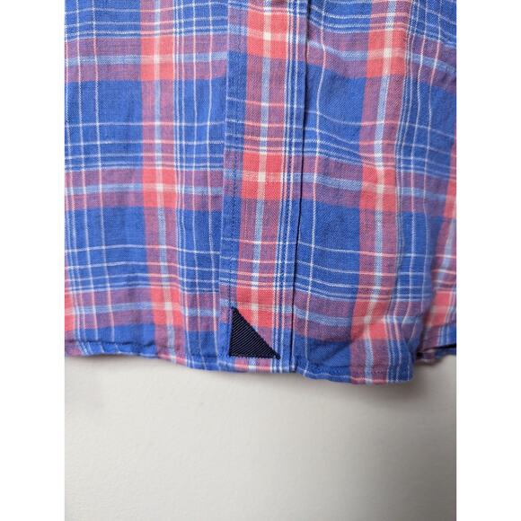 UNTUCKit Blue Red Plaid Size L 100% LINEN Button Down Casual Shirt Front Pocket - Picture 6 of 9